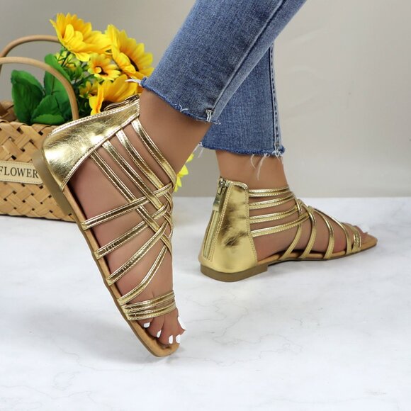 Women's Roman Gladiator Muliti Straped Back Zip Design Flat Heel Sandals Gold - Picture 1 of 5